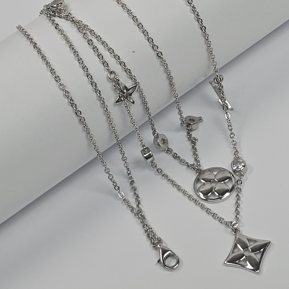 LV Style Insp. Double Layer Necklace 925 Sterling Silver Rhodium Adjust. 45-50cm